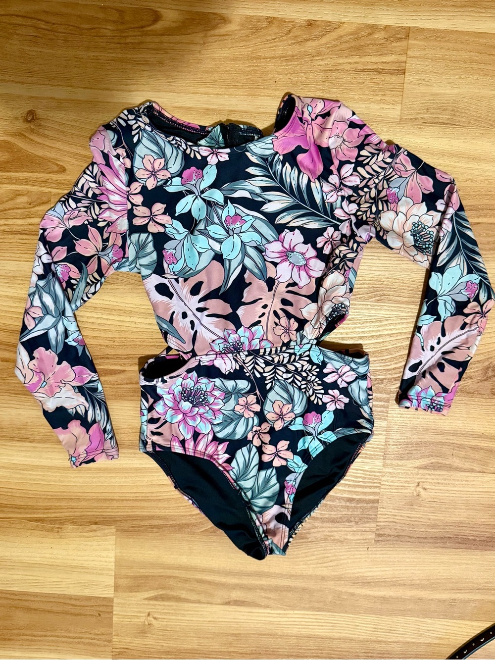 O'Neill Girls Floral Long Sleeve One-Piece Swimsuit - Black, Pink, Teal